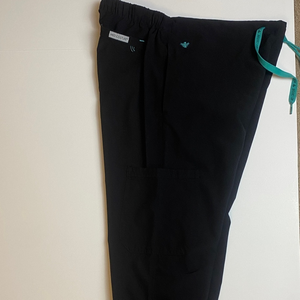 Med Couture Black Pants with Teal Accent 4 pockets Size small scrub pants - Picture 2 of 7